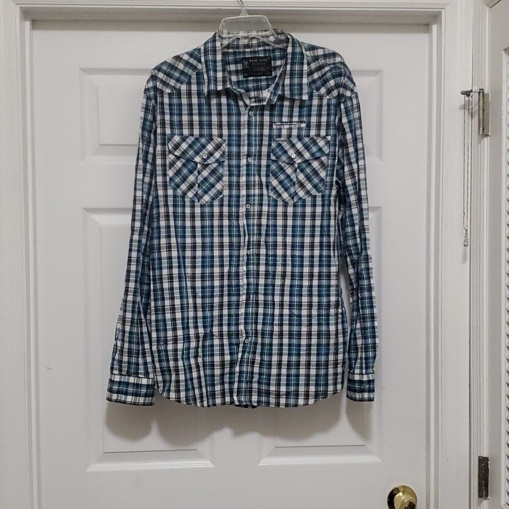 ❣️Marc Ecko Cut & Sew mens XL blue plaid button up shirt